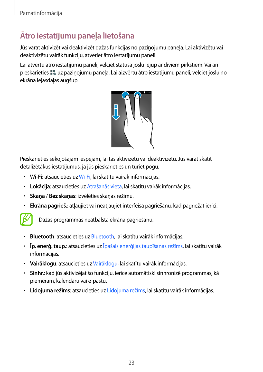 Samsung SM-T113NYKASEB, SM-T113NDWASEB manual Ātro iestatījumu paneļa lietošana 