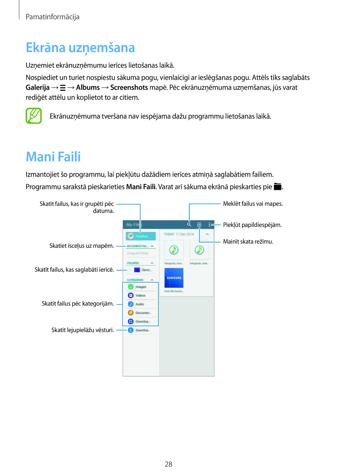 Samsung SM-T113NDWASEB, SM-T113NYKASEB manual Ekrāna uzņemšana, Mani Faili 