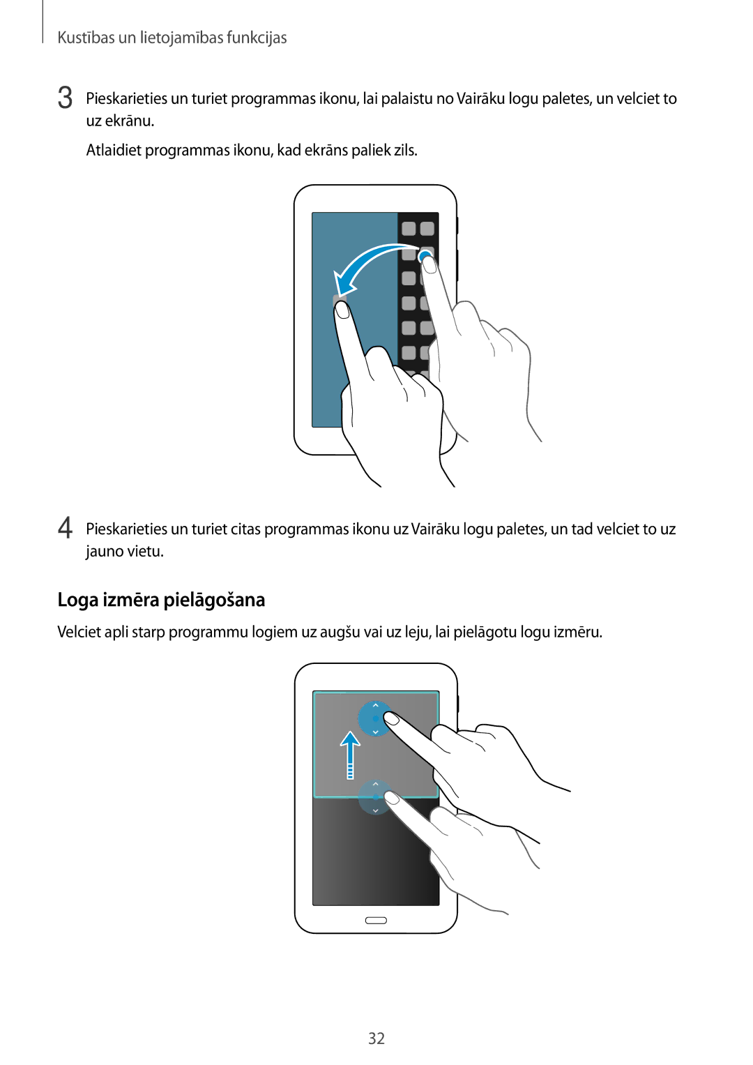 Samsung SM-T113NDWASEB, SM-T113NYKASEB manual Loga izmēra pielāgošana, Kustības un lietojamības funkcijas 