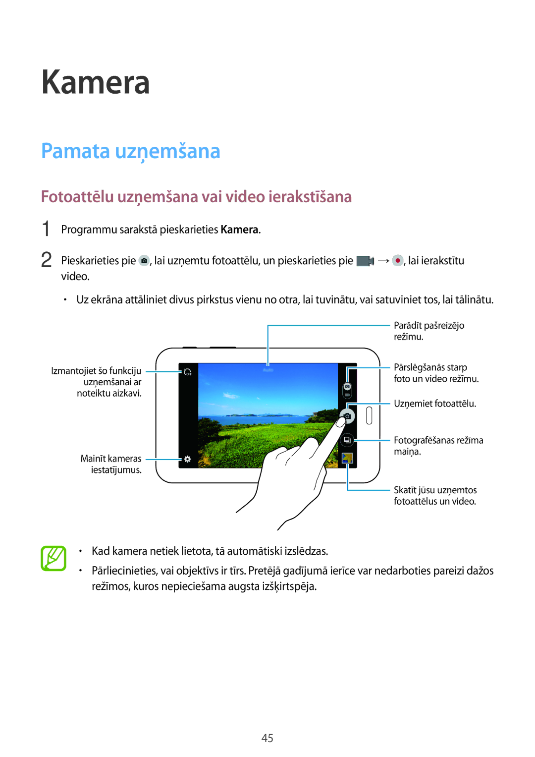 Samsung SM-T113NYKASEB, SM-T113NDWASEB manual Kamera, Pamata uzņemšana, Fotoattēlu uzņemšana vai video ierakstīšana 