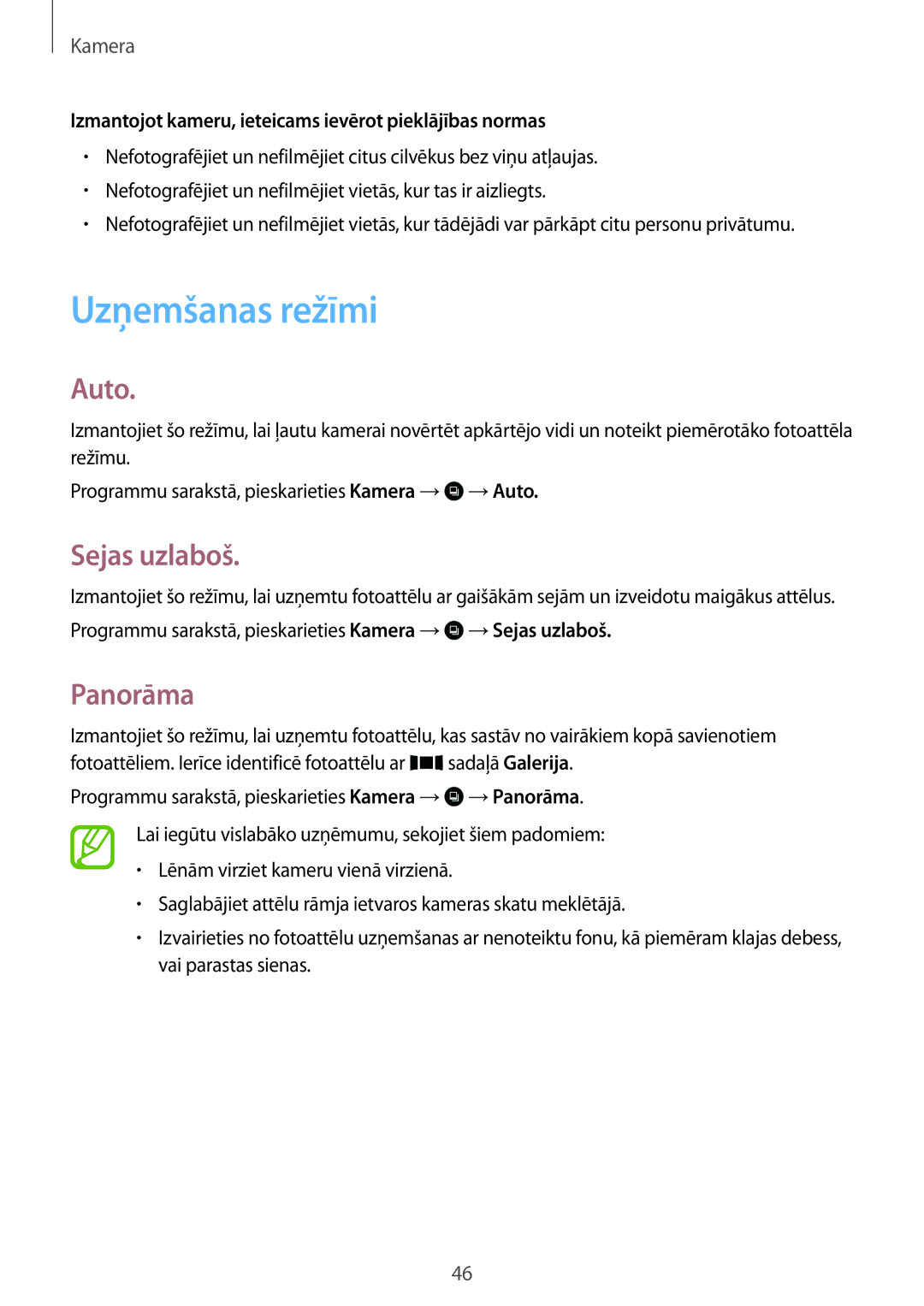 Samsung SM-T113NDWASEB, SM-T113NYKASEB manual Uzņemšanas režīmi, Auto, Sejas uzlaboš, Panorāma 