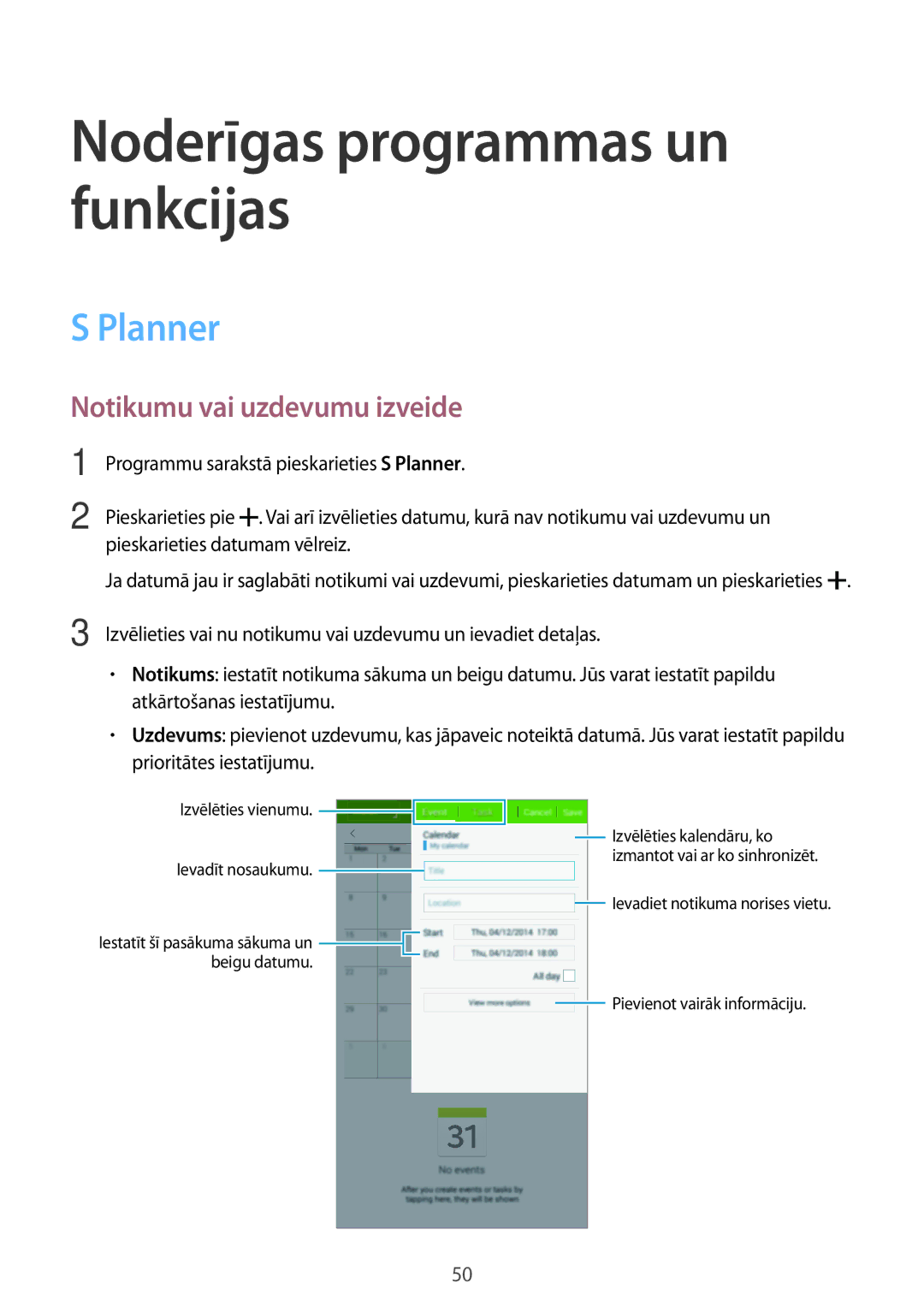 Samsung SM-T113NDWASEB, SM-T113NYKASEB manual Planner, Notikumu vai uzdevumu izveide 