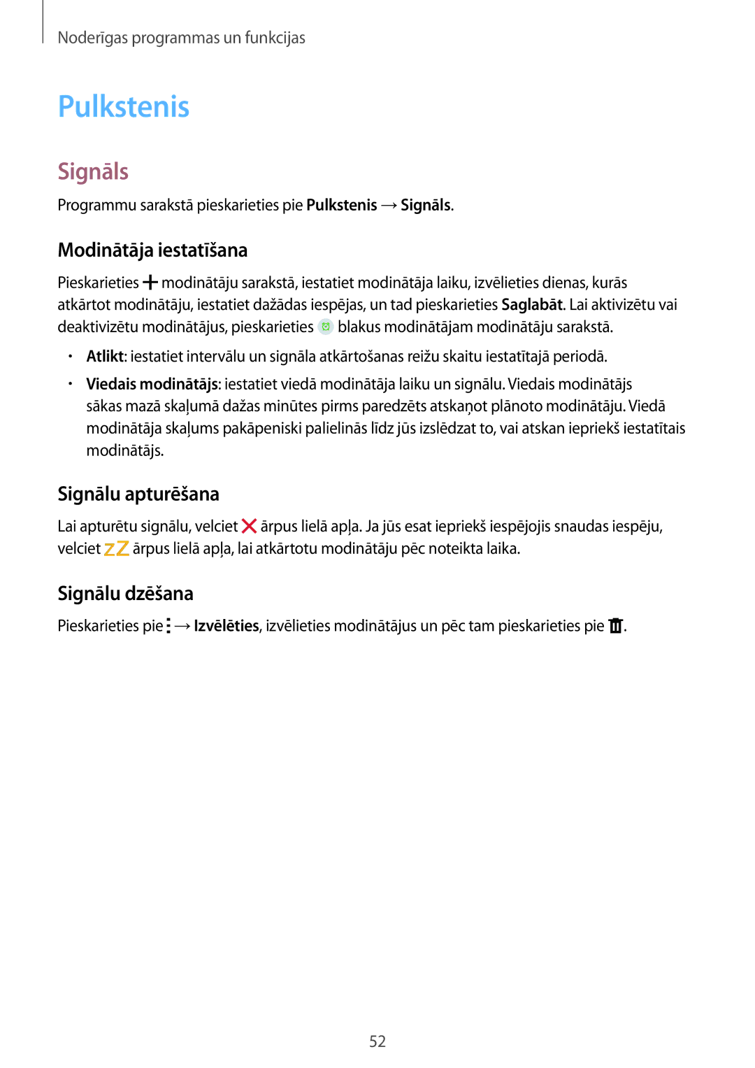 Samsung SM-T113NDWASEB, SM-T113NYKASEB Pulkstenis, Signāls, Modinātāja iestatīšana, Signālu apturēšana, Signālu dzēšana 