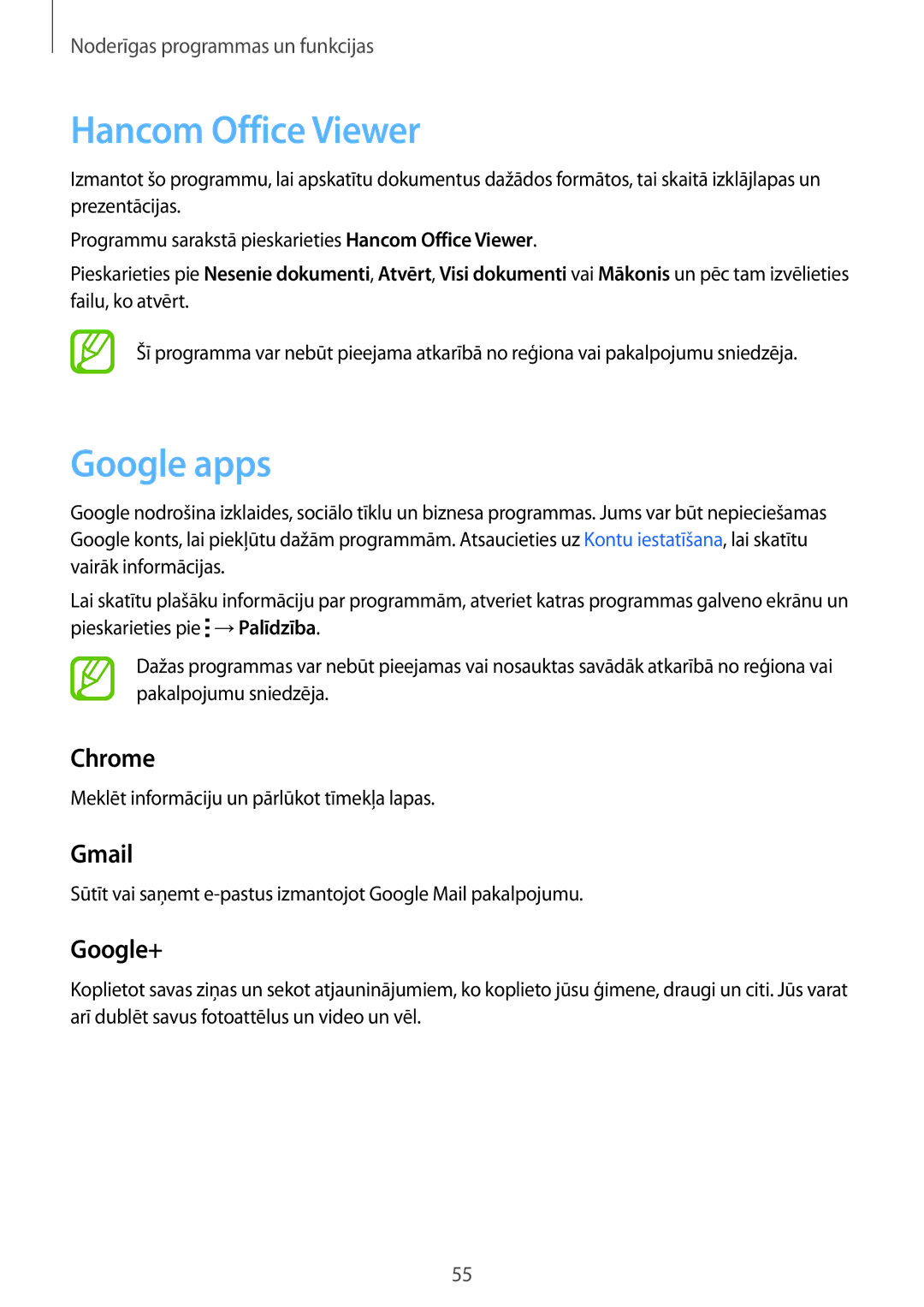 Samsung SM-T113NYKASEB, SM-T113NDWASEB manual Hancom Office Viewer, Google apps 