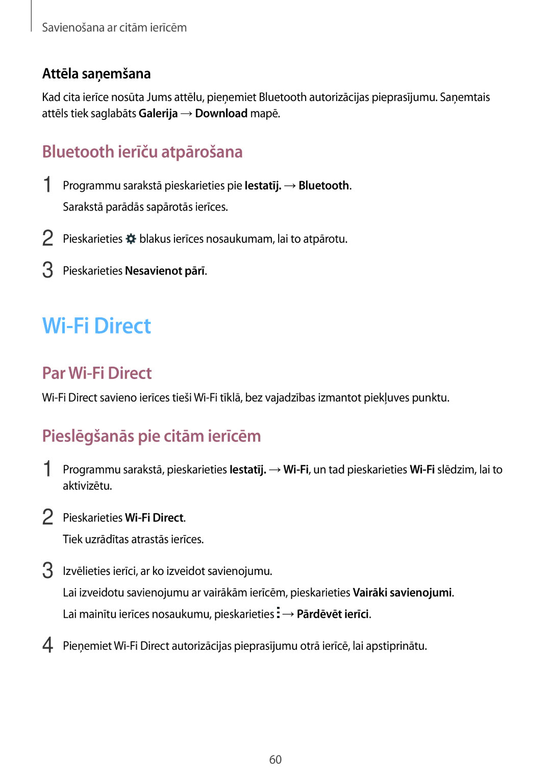 Samsung SM-T113NDWASEB Bluetooth ierīču atpārošana, Par Wi-Fi Direct, Pieslēgšanās pie citām ierīcēm, Attēla saņemšana 