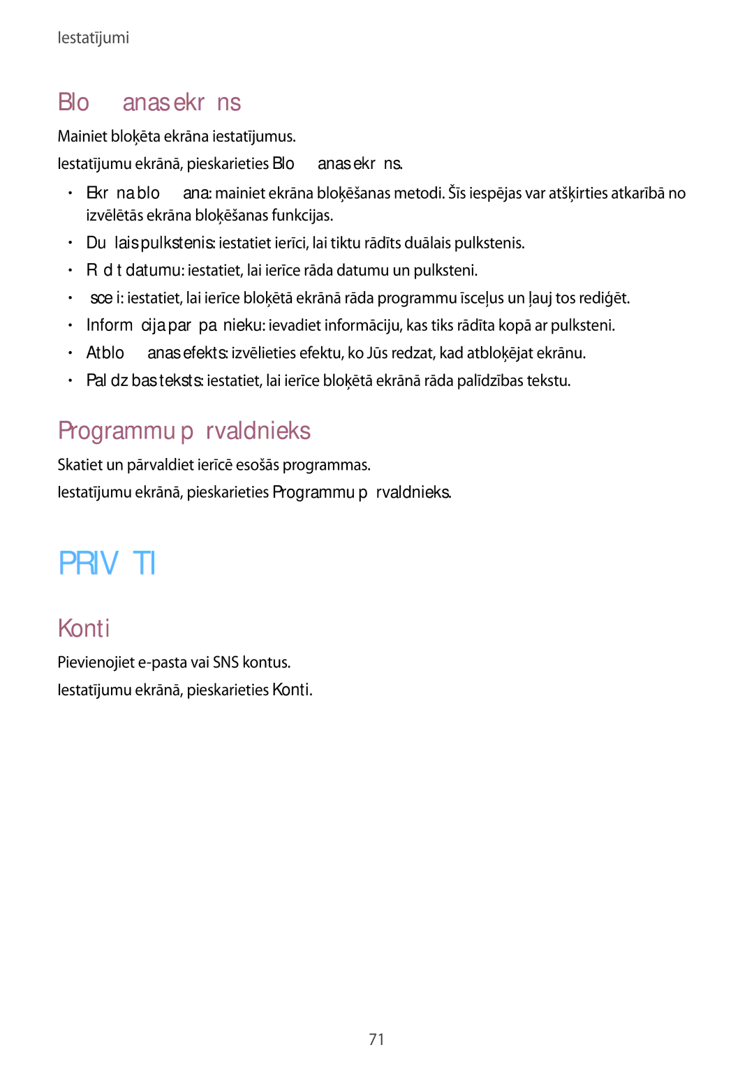 Samsung SM-T113NYKASEB, SM-T113NDWASEB manual Bloķēšanas ekrāns, Programmu pārvaldnieks, Konti 