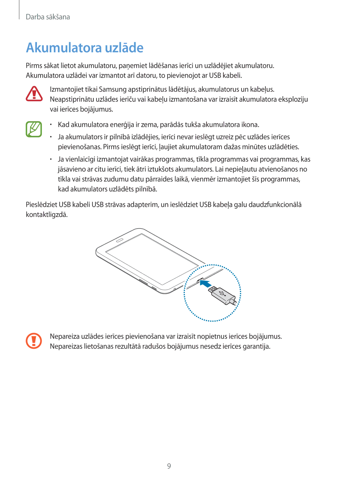 Samsung SM-T113NYKASEB, SM-T113NDWASEB manual Akumulatora uzlāde 