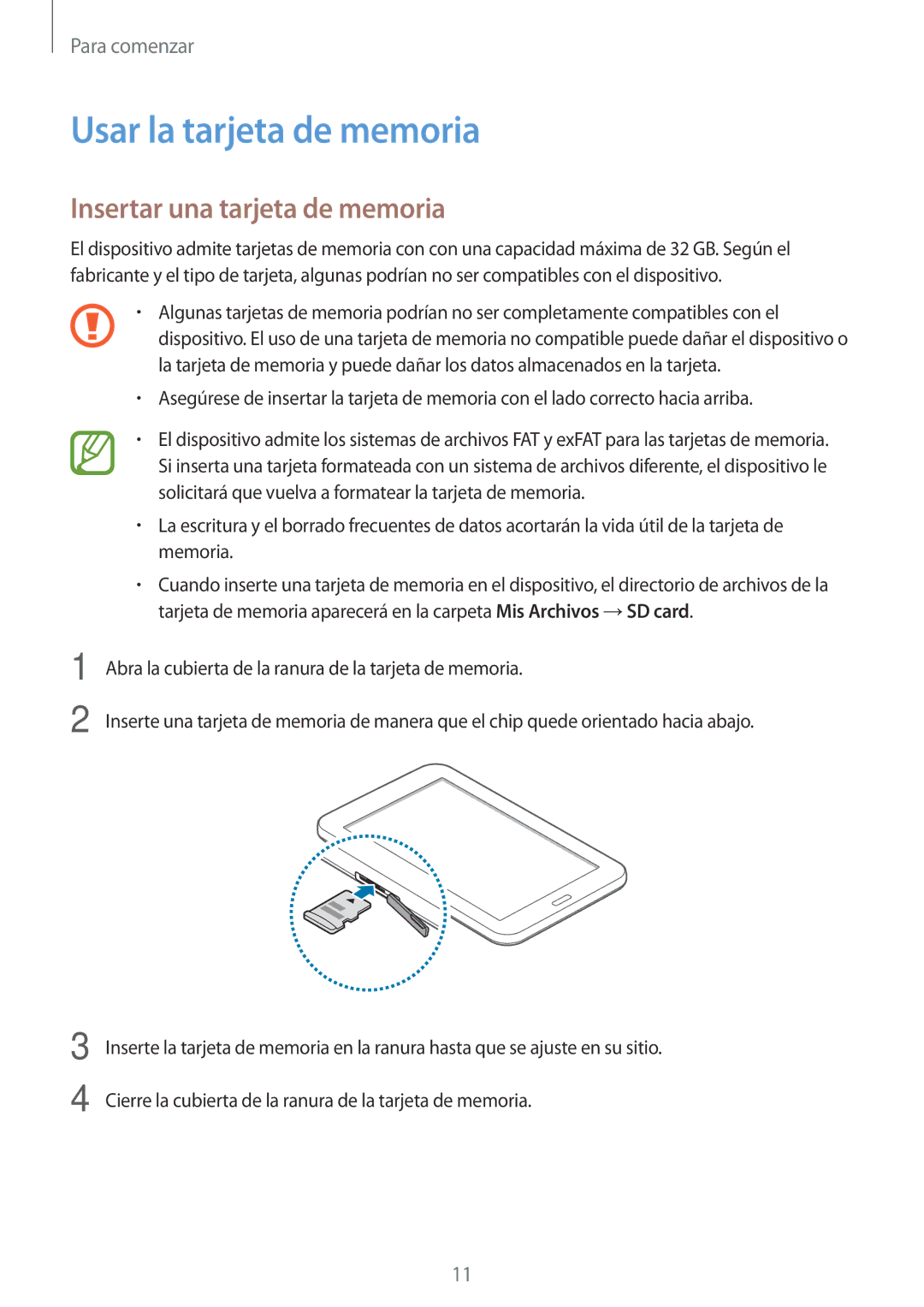 Samsung SM-T113NDWAMWD, SM-T113NDWATPH, SM-T113NYKAMWD manual Usar la tarjeta de memoria, Insertar una tarjeta de memoria 