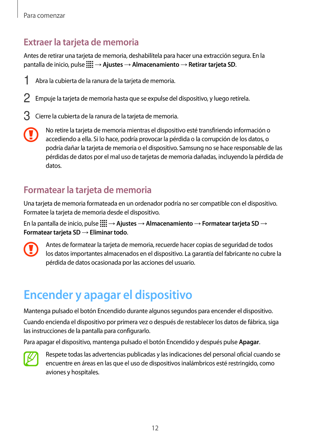 Samsung SM-T113NYKAMWD Encender y apagar el dispositivo, Extraer la tarjeta de memoria, Formatear la tarjeta de memoria 