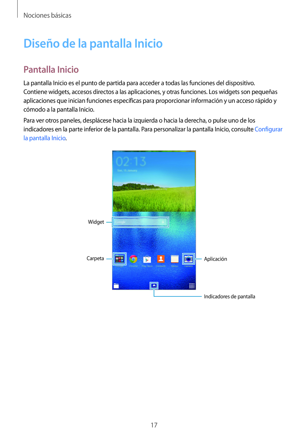 Samsung SM-T113NYKAMWD, SM-T113NDWATPH, SM-T113NDWAMWD, SM-T113NYKAPHE manual Diseño de la pantalla Inicio, Pantalla Inicio 