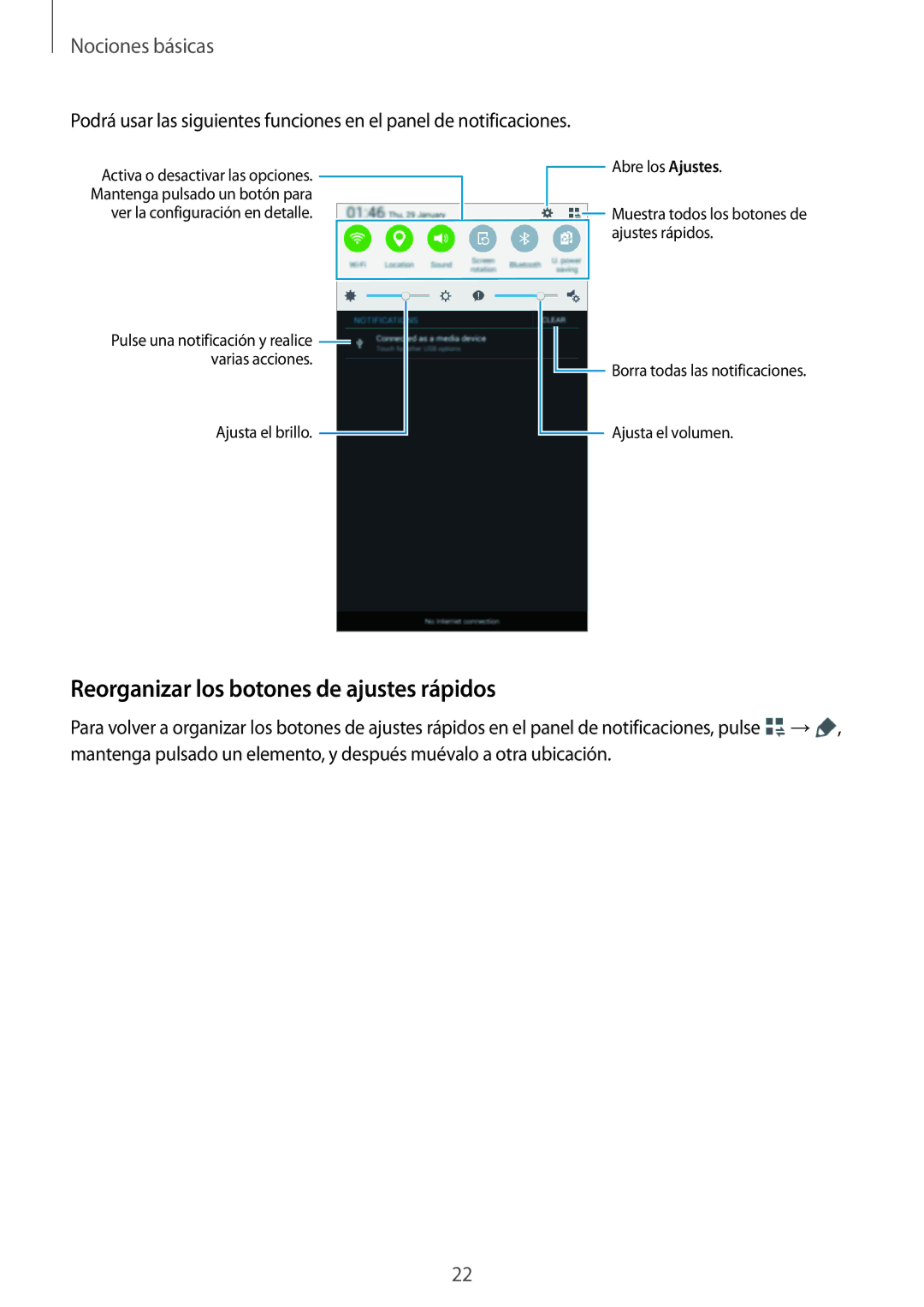 Samsung SM-T113NYKAMWD, SM-T113NDWATPH, SM-T113NDWAMWD, SM-T113NYKAPHE manual Reorganizar los botones de ajustes rápidos 