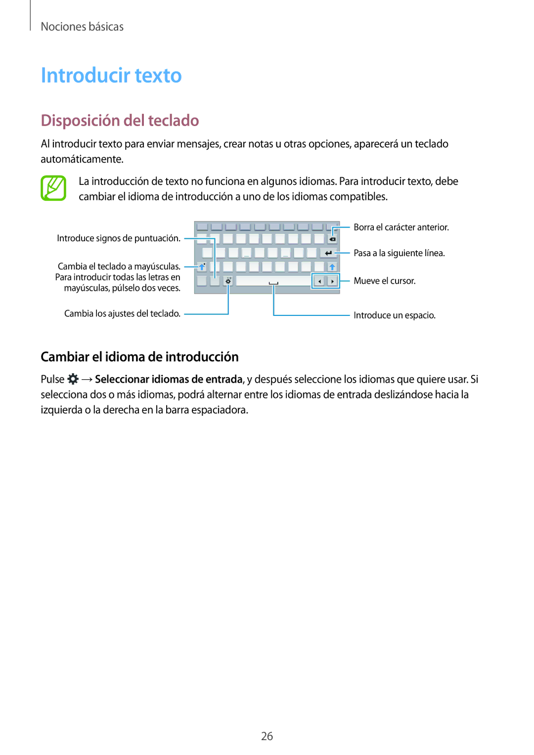 Samsung SM-T113NDWAMWD, SM-T113NDWATPH manual Introducir texto, Disposición del teclado, Cambiar el idioma de introducción 