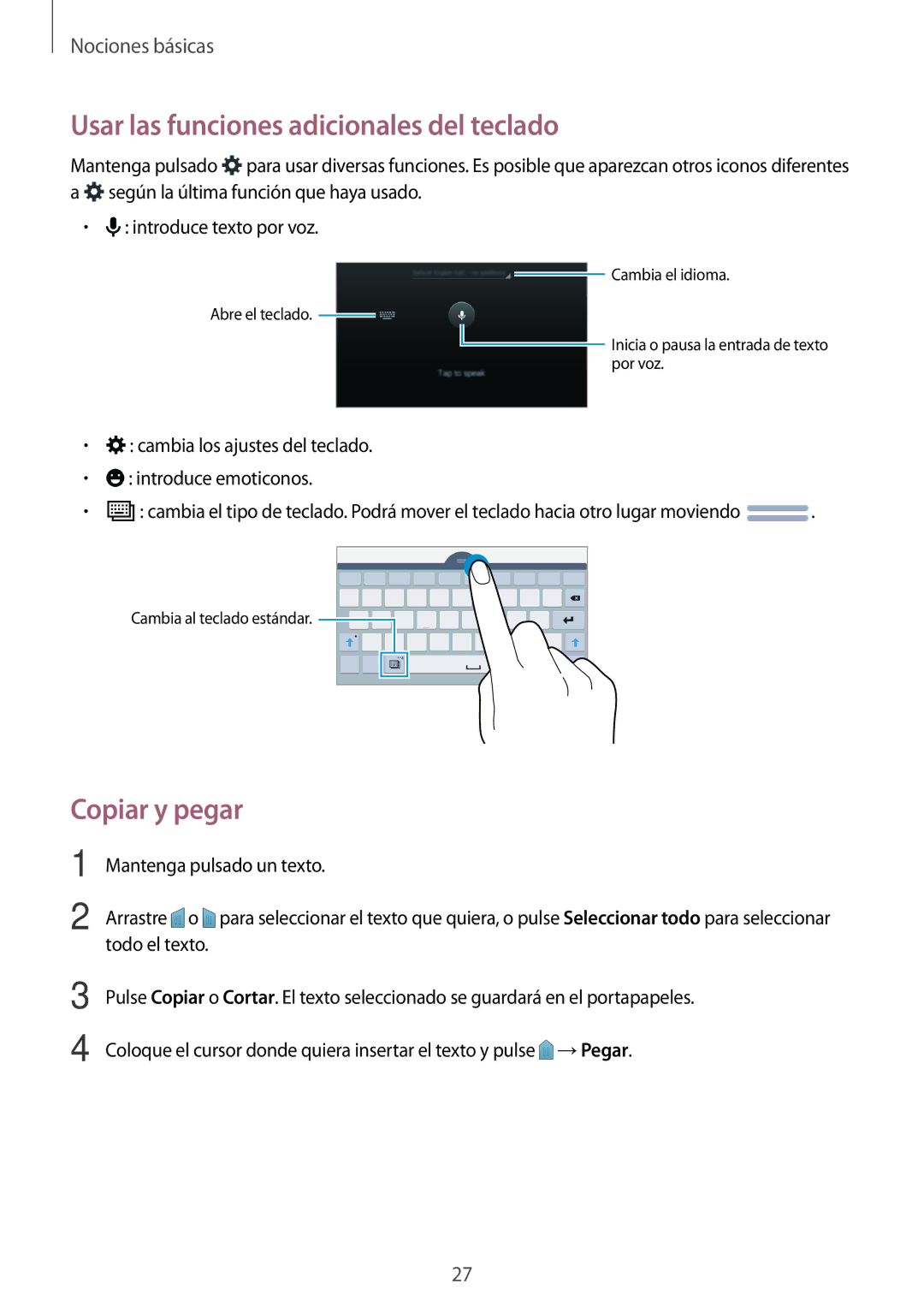 Samsung SM-T113NYKAMWD, SM-T113NDWATPH, SM-T113NDWAMWD manual Usar las funciones adicionales del teclado, Copiar y pegar 