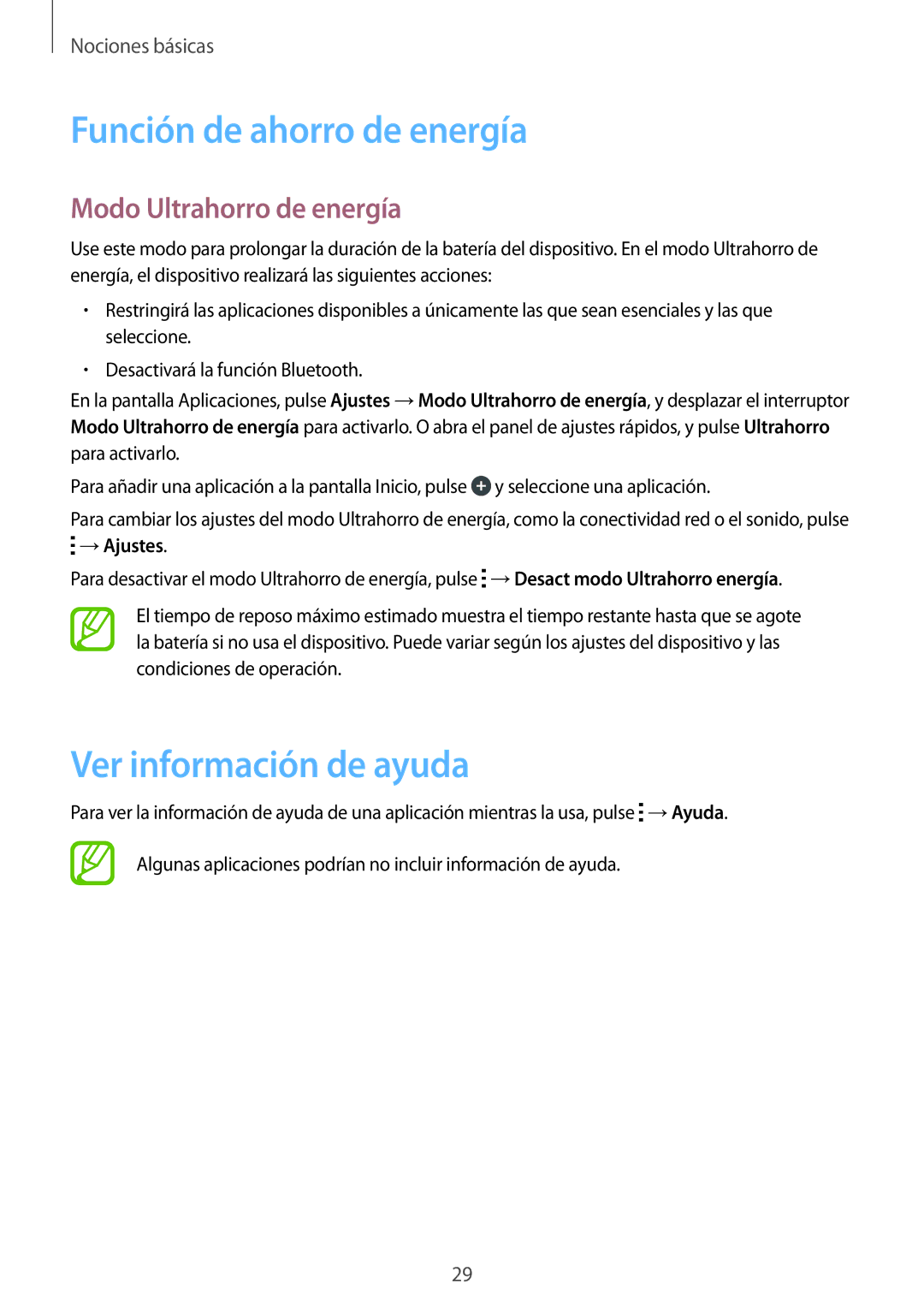 Samsung SM-T113NDWAPHE manual Función de ahorro de energía, Ver información de ayuda, Modo Ultrahorro de energía, →Ajustes 