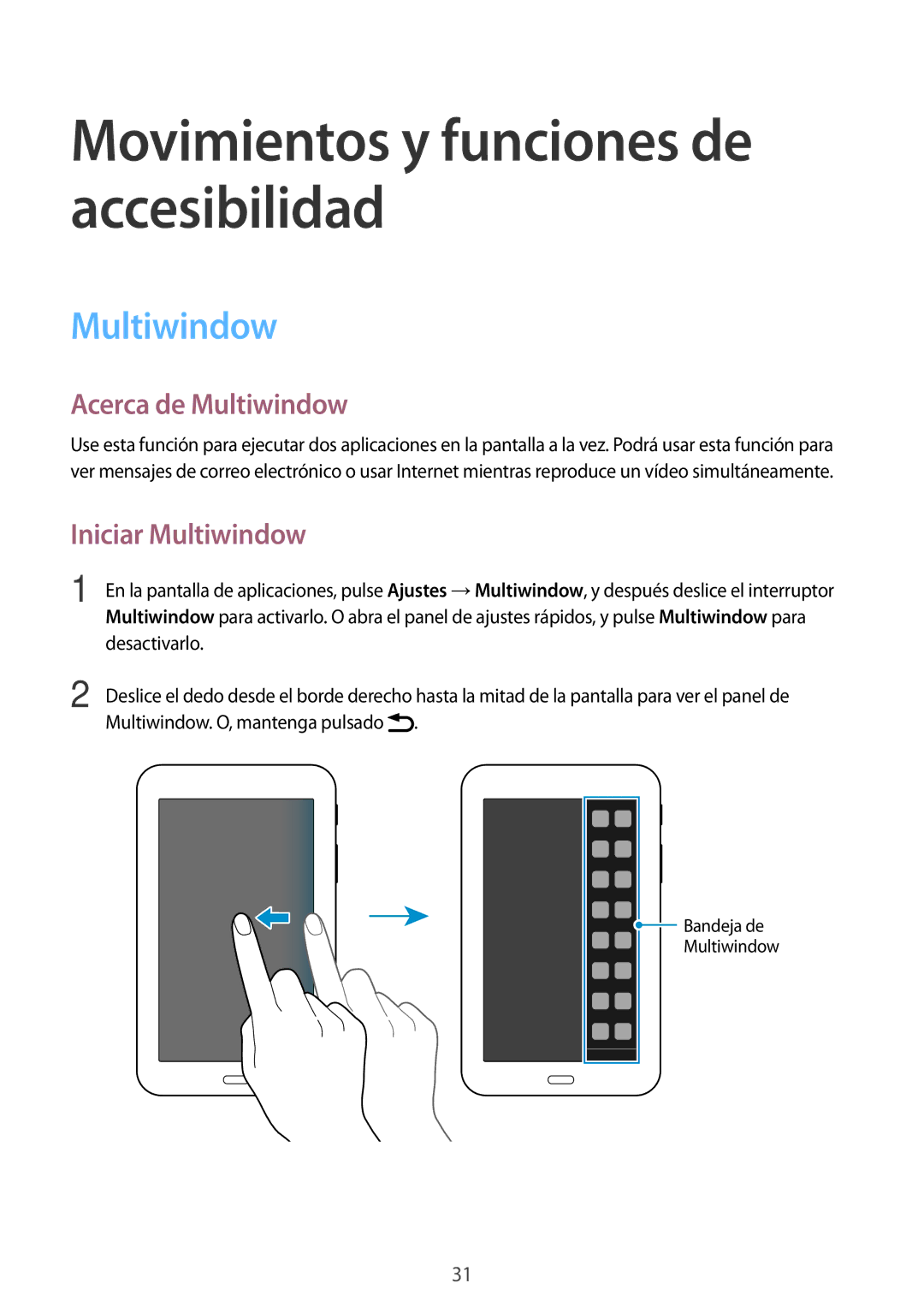 Samsung SM-T113NDWAMWD, SM-T113NDWATPH, SM-T113NYKAMWD, SM-T113NYKAPHE manual Acerca de Multiwindow, Iniciar Multiwindow 