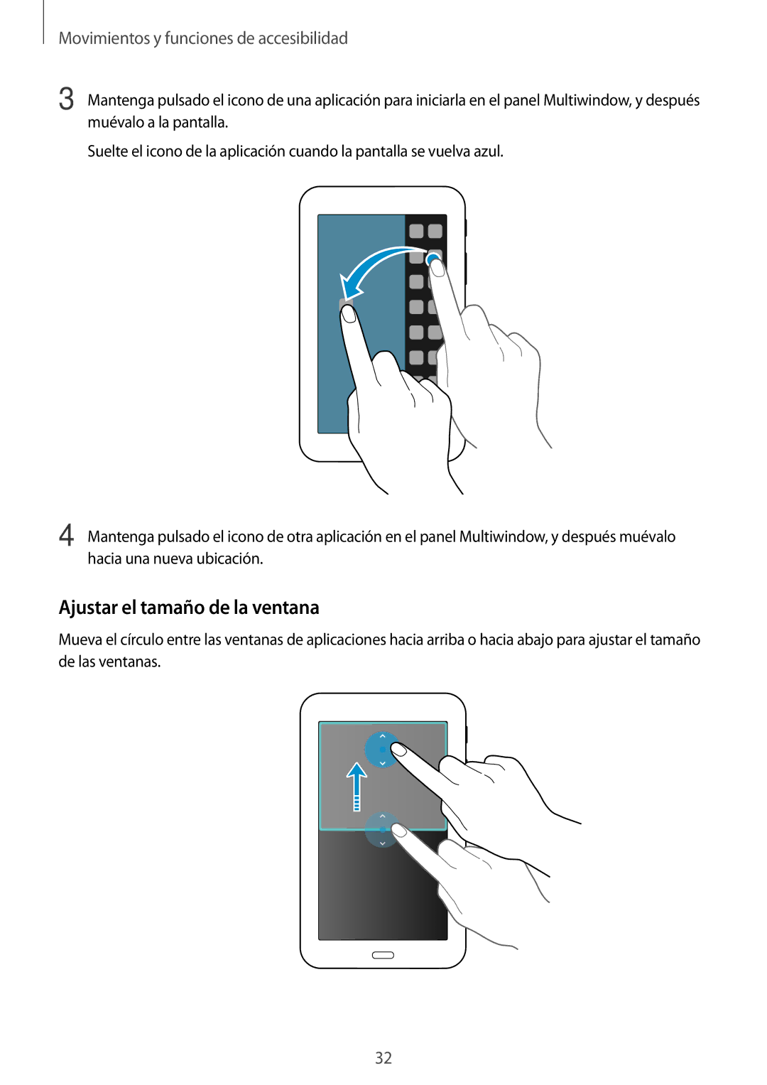 Samsung SM-T113NYKAMWD, SM-T113NDWATPH manual Ajustar el tamaño de la ventana, Movimientos y funciones de accesibilidad 