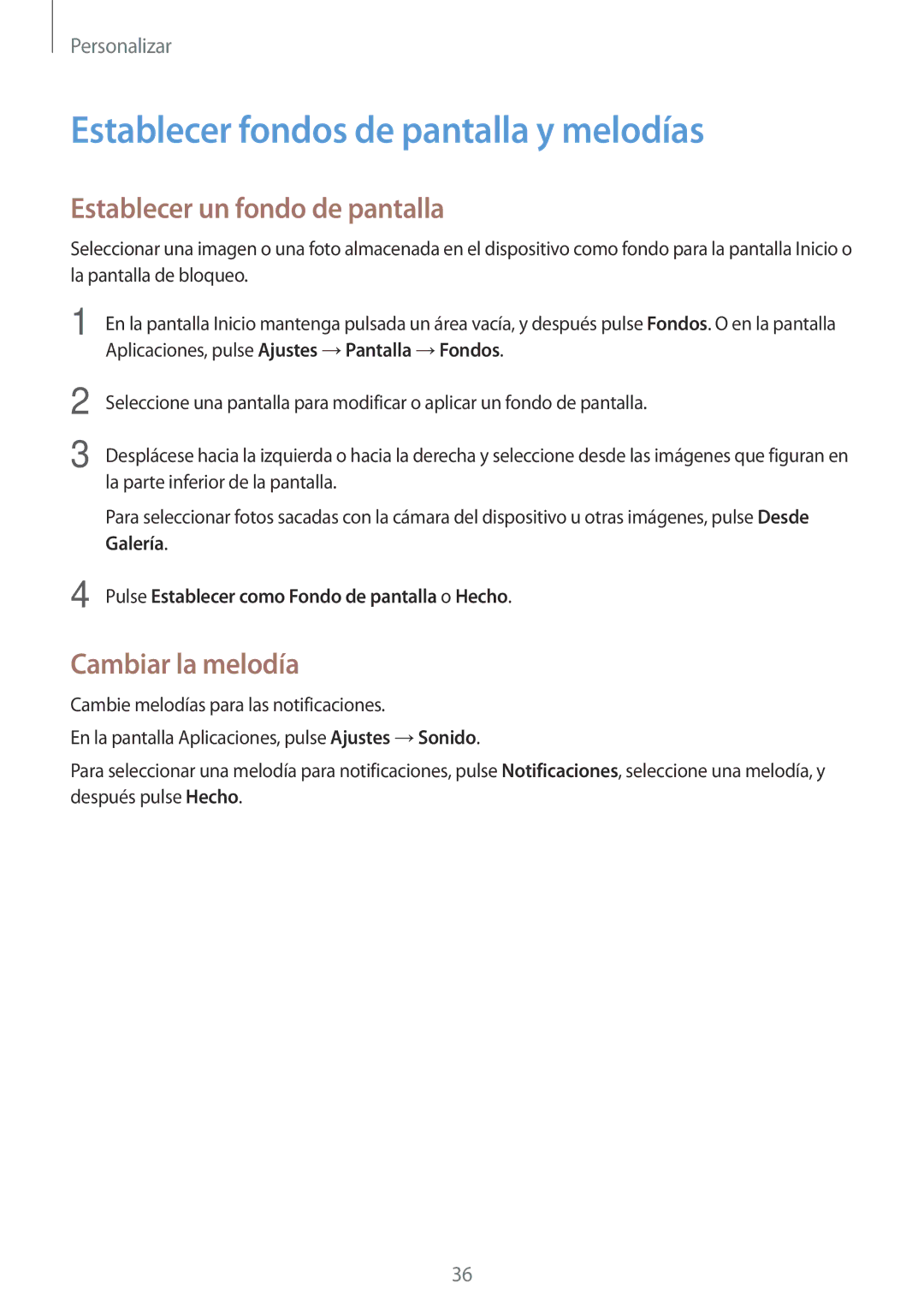 Samsung SM-T113NDWAMWD manual Establecer fondos de pantalla y melodías, Establecer un fondo de pantalla, Cambiar la melodía 