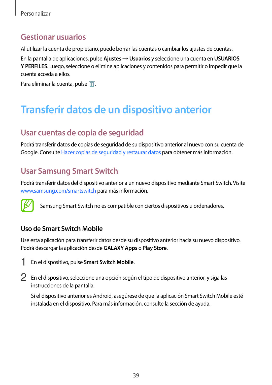 Samsung SM-T113NDWAPHE Transferir datos de un dispositivo anterior, Gestionar usuarios, Usar cuentas de copia de seguridad 