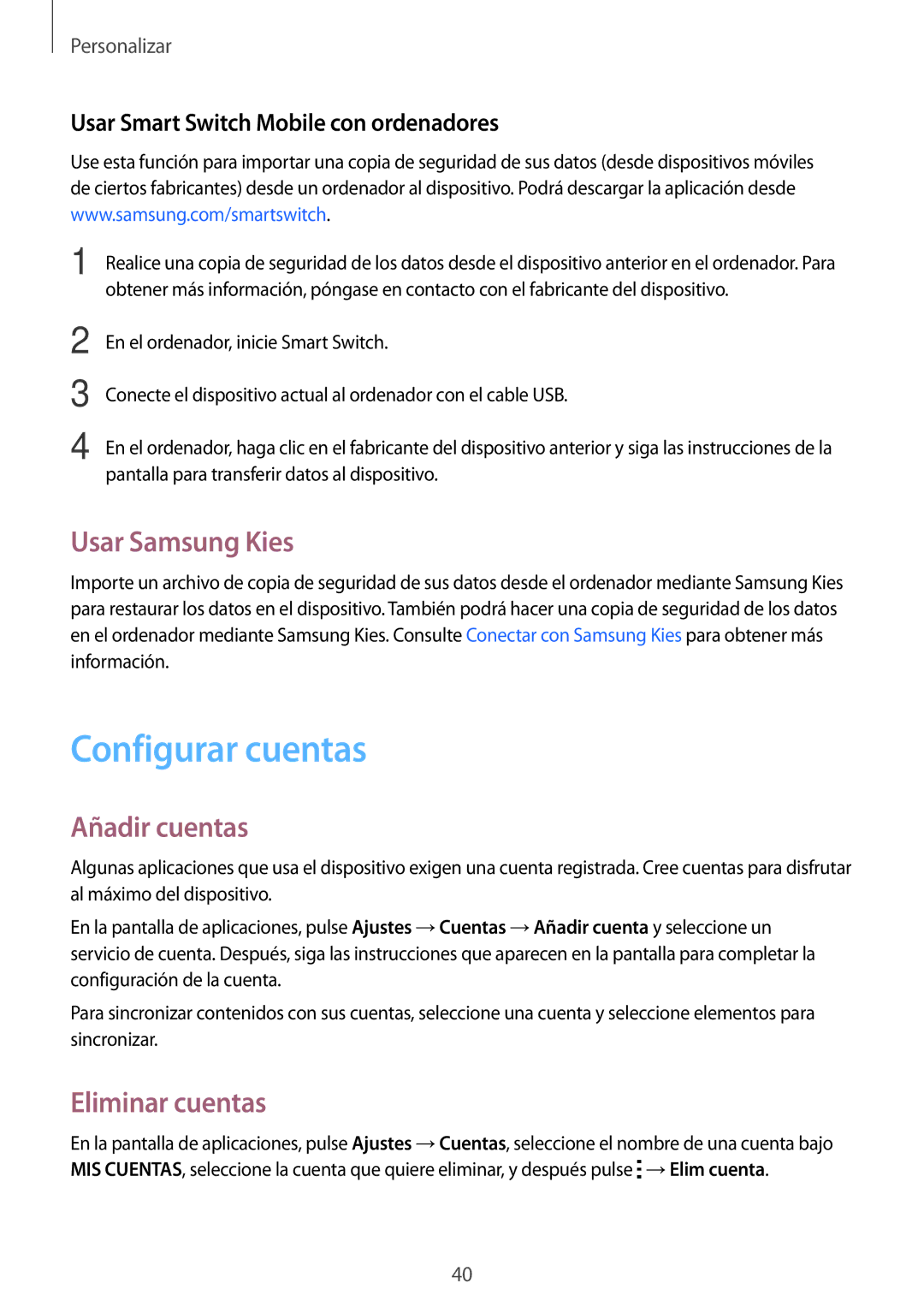 Samsung SM-T113NDWATPH, SM-T113NDWAMWD manual Configurar cuentas, Usar Samsung Kies, Añadir cuentas, Eliminar cuentas 