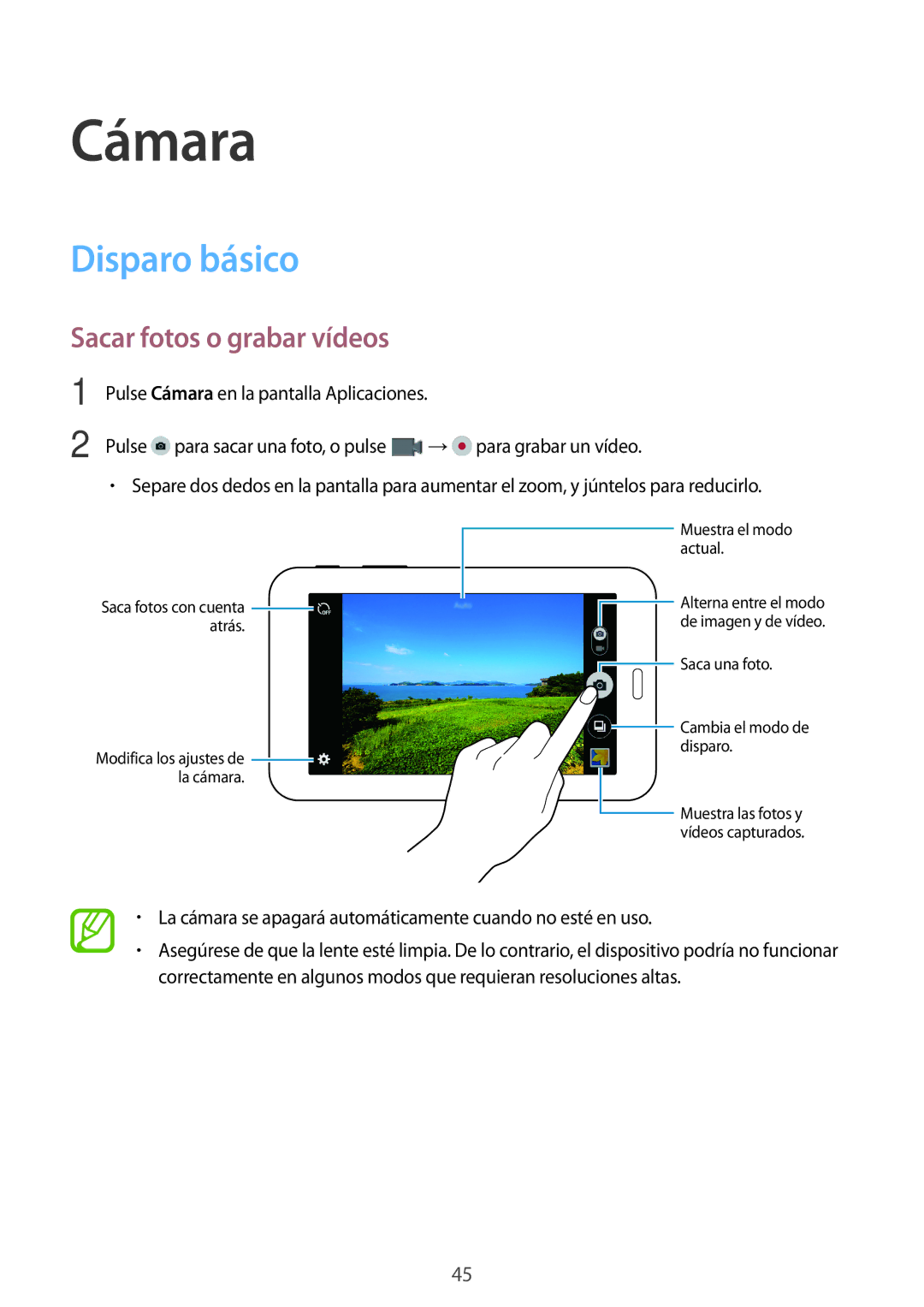 Samsung SM-T113NDWATPH, SM-T113NDWAMWD, SM-T113NYKAMWD, SM-T113NYKAPHE Cámara, Disparo básico, Sacar fotos o grabar vídeos 