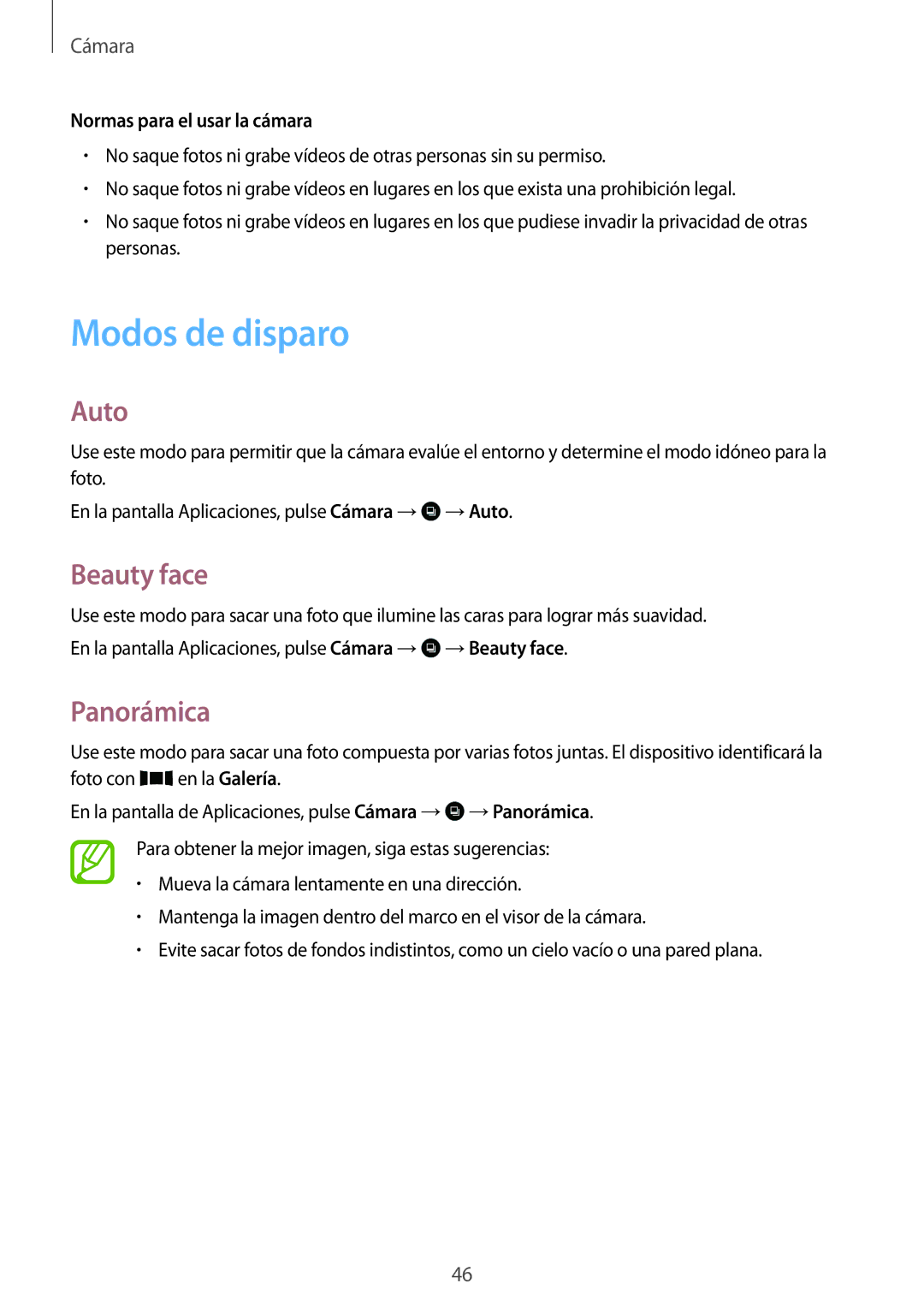 Samsung SM-T113NDWAMWD, SM-T113NDWATPH manual Modos de disparo, Auto, Beauty face, Panorámica, Normas para el usar la cámara 