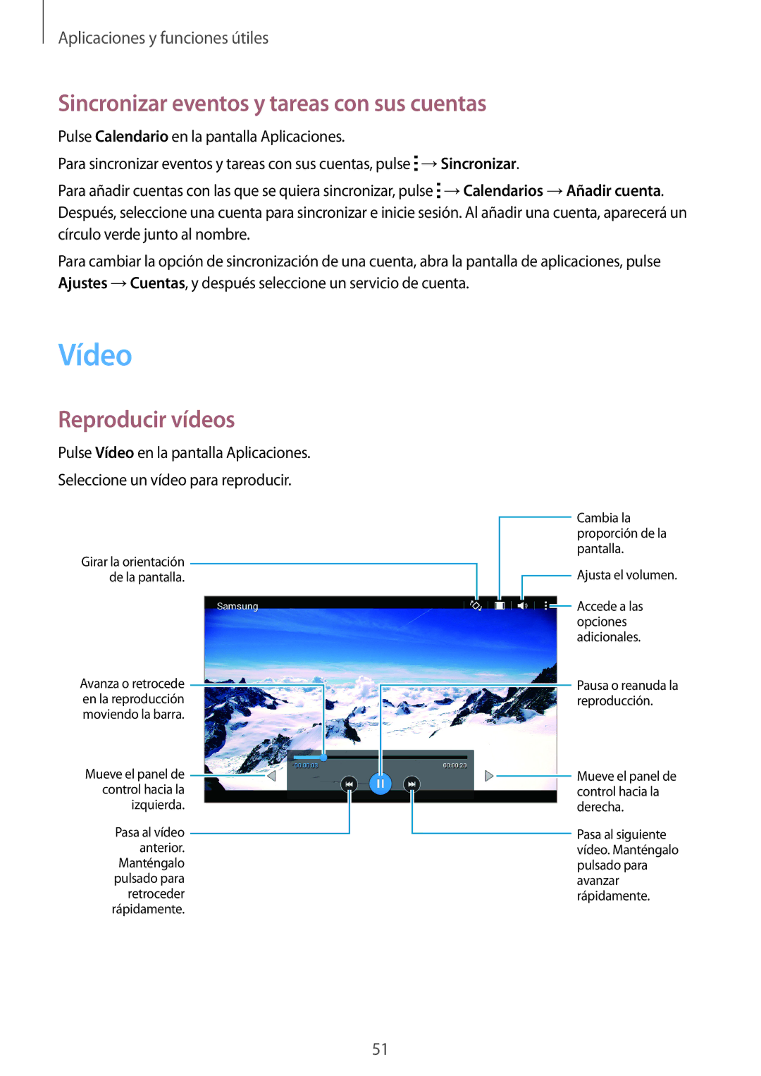 Samsung SM-T113NDWAMWD, SM-T113NDWATPH manual Vídeo, Sincronizar eventos y tareas con sus cuentas, Reproducir vídeos 
