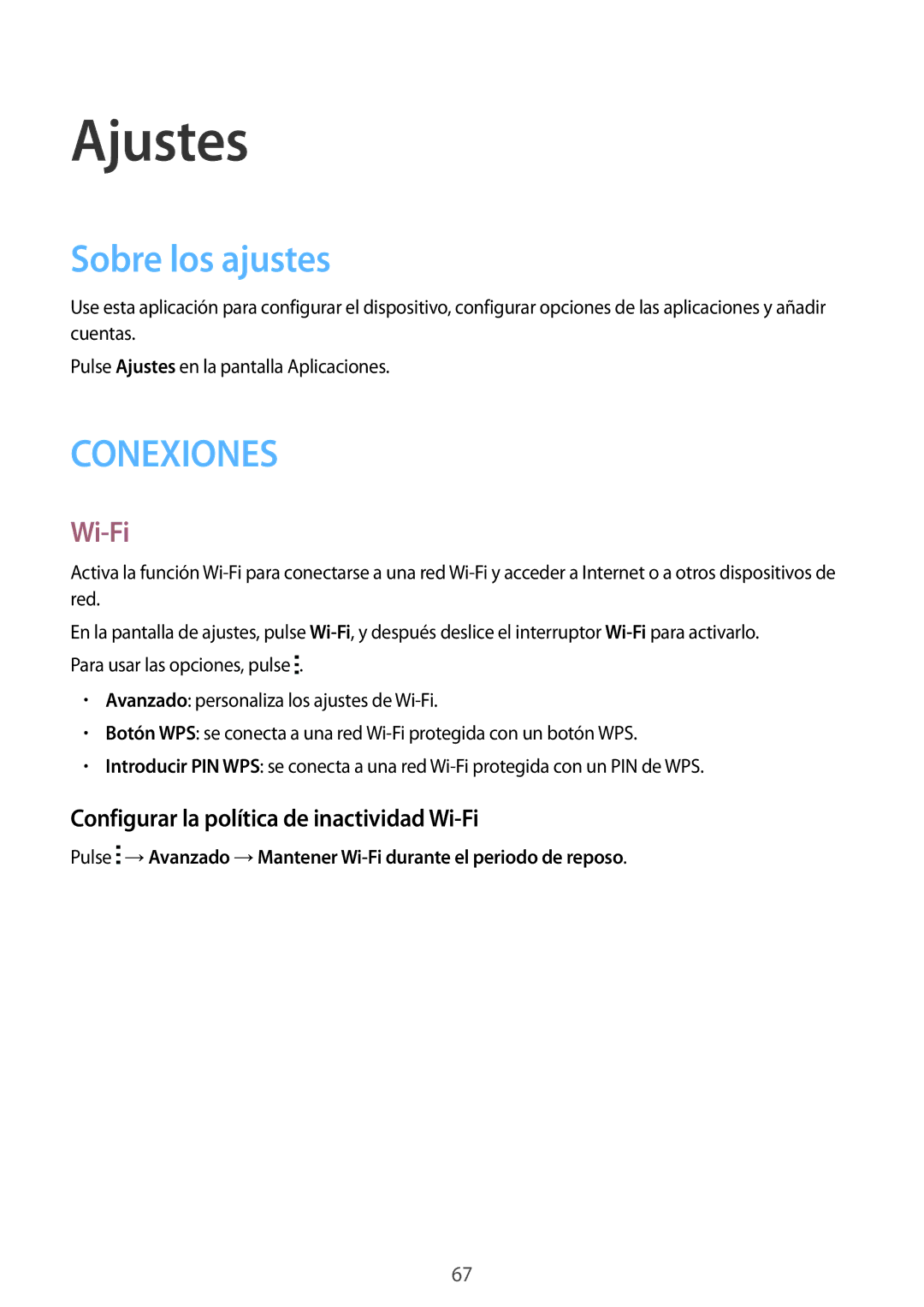 Samsung SM-T113NYKAMWD, SM-T113NDWATPH manual Ajustes, Sobre los ajustes, Configurar la política de inactividad Wi-Fi 