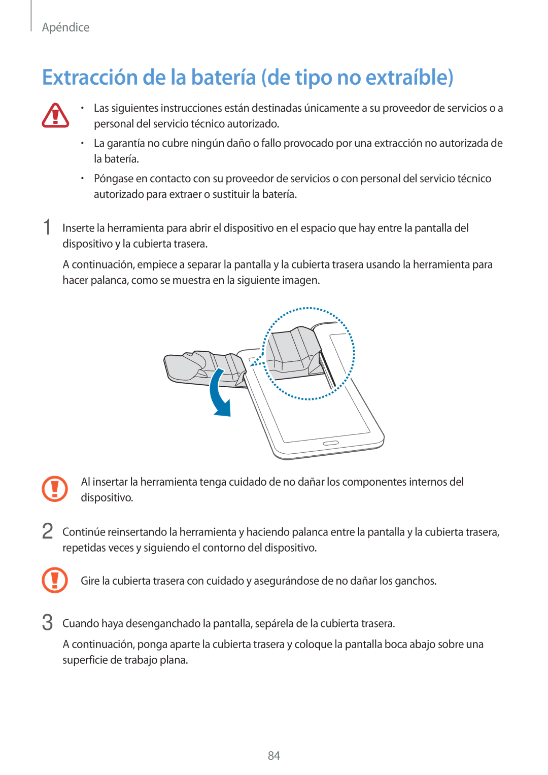 Samsung SM-T113NDWAPHE, SM-T113NDWATPH, SM-T113NDWAMWD, SM-T113NYKAMWD manual Extracción de la batería de tipo no extraíble 