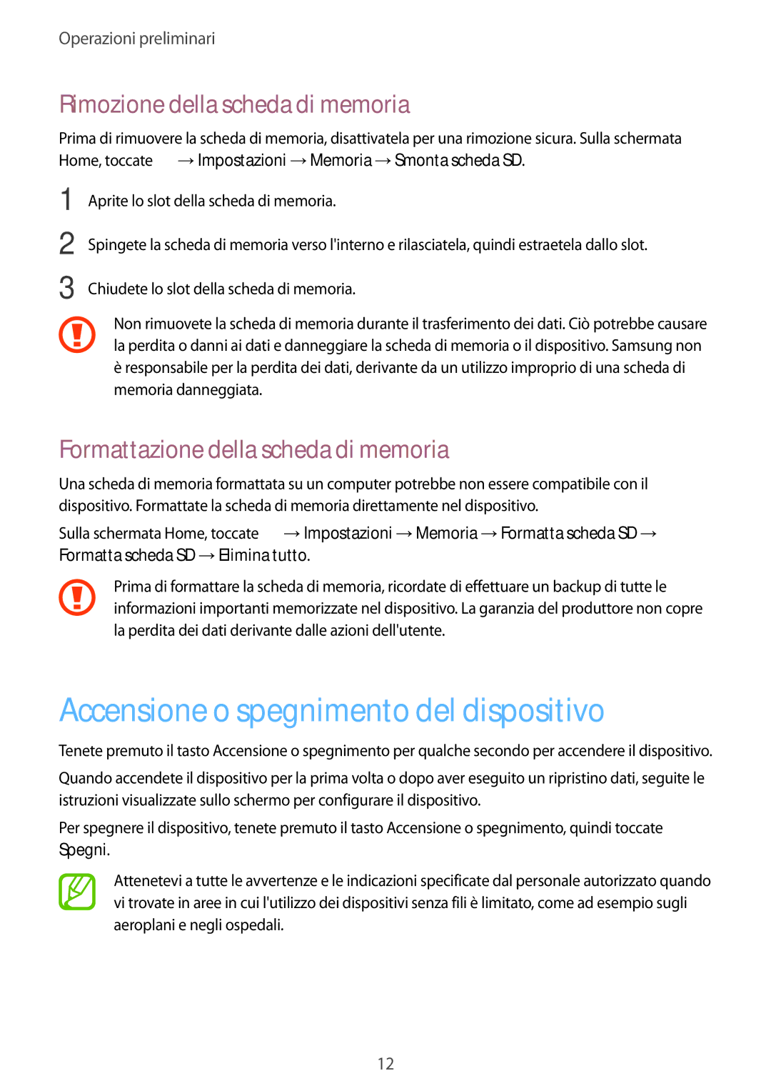 Samsung SM-T113NDWATUR, SM-T113NYKATUR manual Accensione o spegnimento del dispositivo, Rimozione della scheda di memoria 