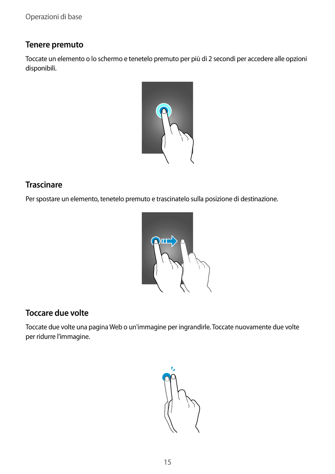 Samsung SM-T113NDWAXEO, SM-T113NDWATUR, SM-T113NYKATUR, SM-T113NDWAITV manual Tenere premuto, Trascinare, Toccare due volte 