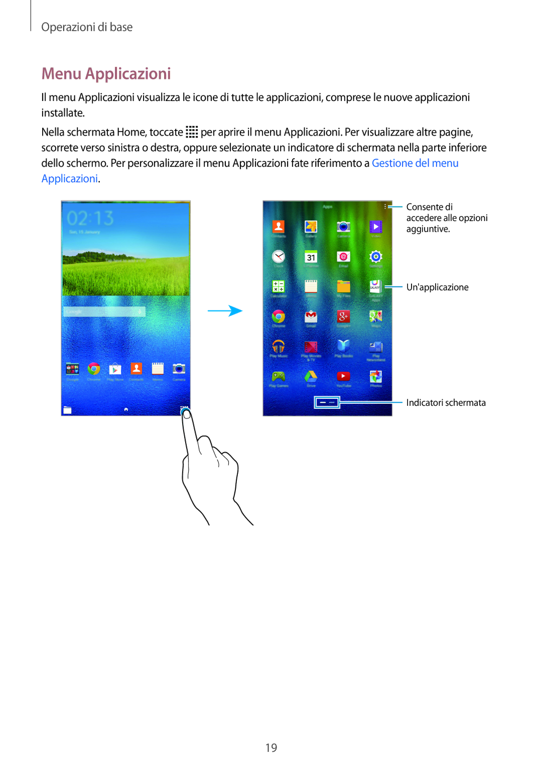 Samsung SM-T113NDWAXEO, SM-T113NDWATUR, SM-T113NYKATUR, SM-T113NDWAITV manual Menu Applicazioni 