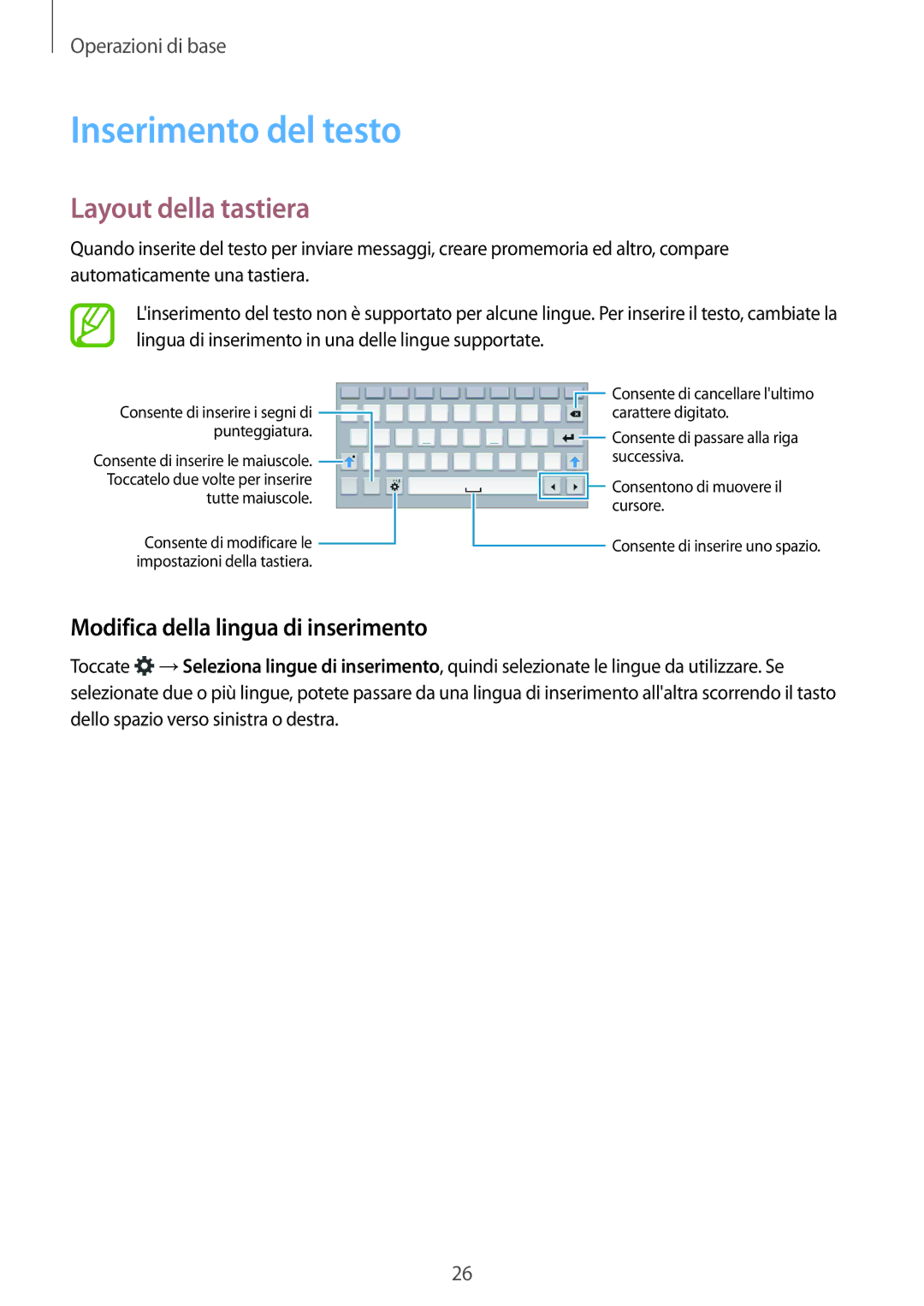 Samsung SM-T113NDWAITV, SM-T113NDWATUR Inserimento del testo, Layout della tastiera, Modifica della lingua di inserimento 