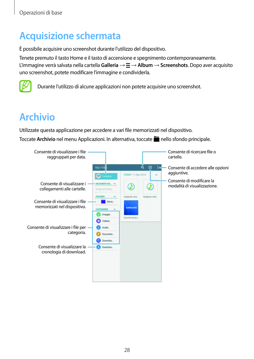 Samsung SM-T113NDWATUR, SM-T113NYKATUR, SM-T113NDWAITV, SM-T113NDWAXEO manual Acquisizione schermata, Archivio 