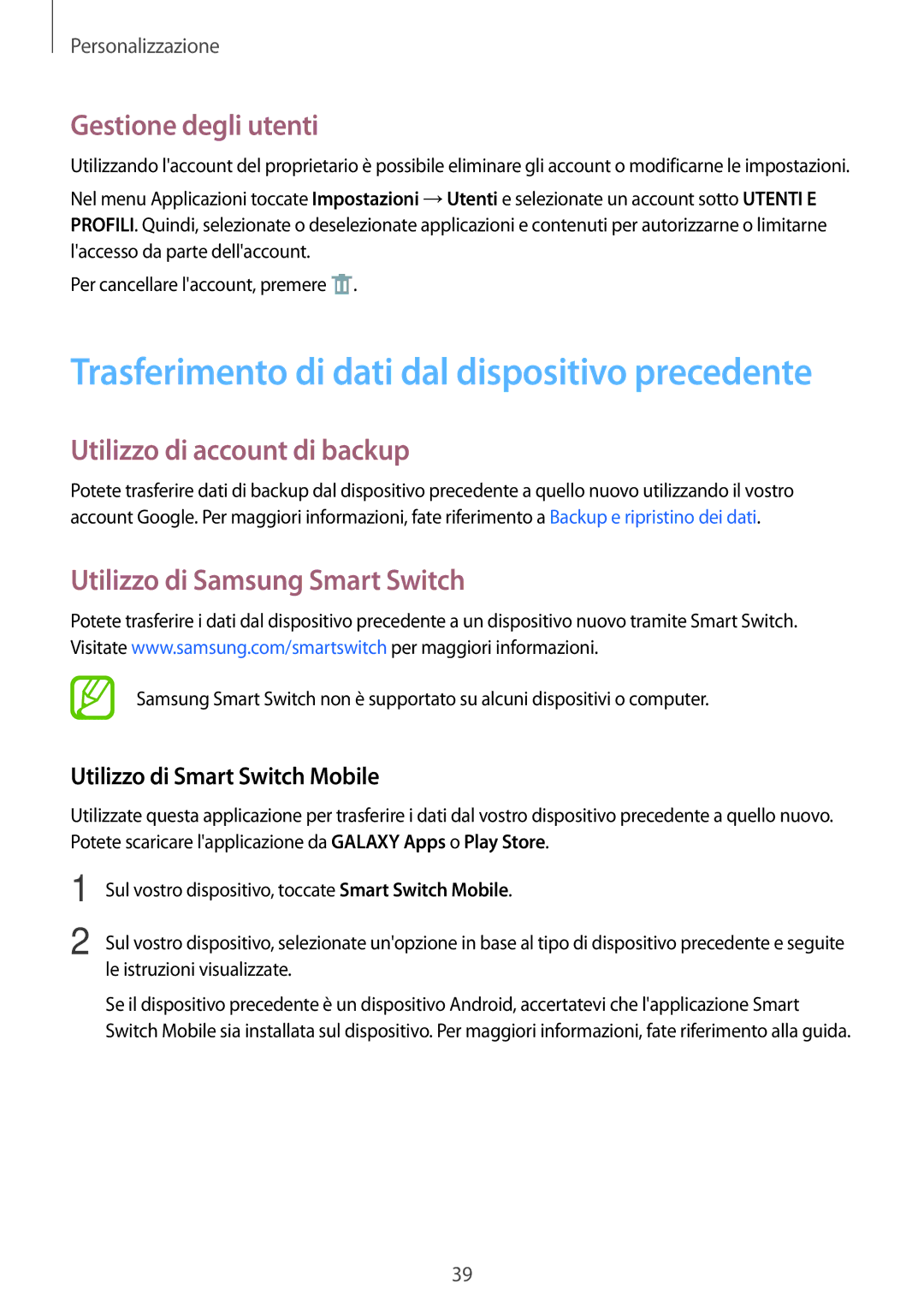 Samsung SM-T113NDWAXEO manual Gestione degli utenti, Utilizzo di account di backup, Utilizzo di Samsung Smart Switch 