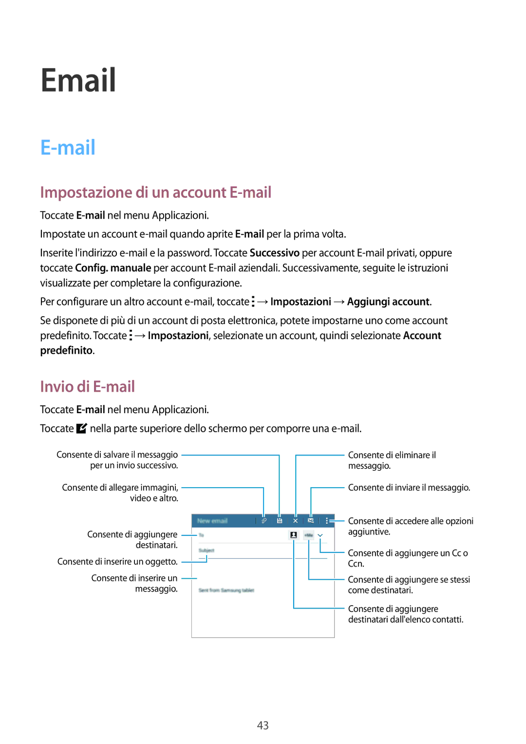 Samsung SM-T113NDWAXEO, SM-T113NDWATUR, SM-T113NYKATUR manual Mail, Impostazione di un account E-mail, Invio di E-mail 