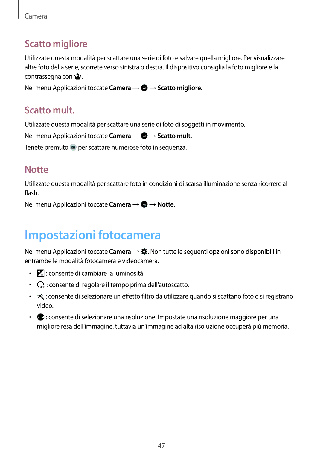 Samsung SM-T113NDWAXEO, SM-T113NDWATUR, SM-T113NYKATUR manual Impostazioni fotocamera, Scatto migliore, Scatto mult, Notte 