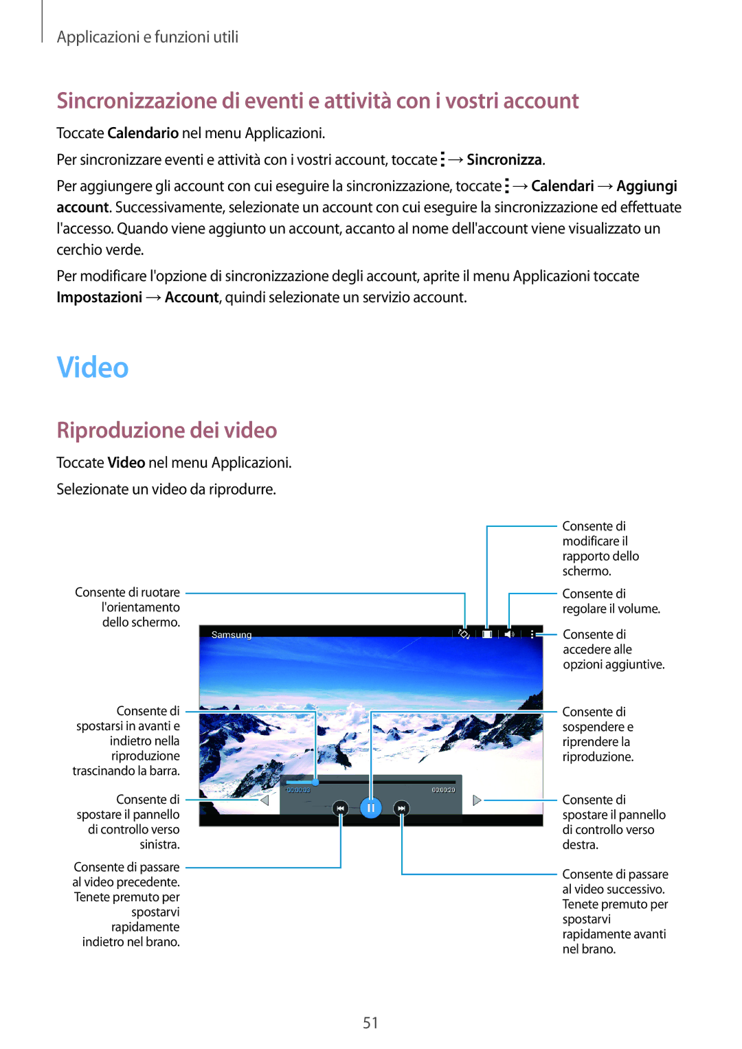 Samsung SM-T113NDWAXEO manual Video, Sincronizzazione di eventi e attività con i vostri account, Riproduzione dei video 