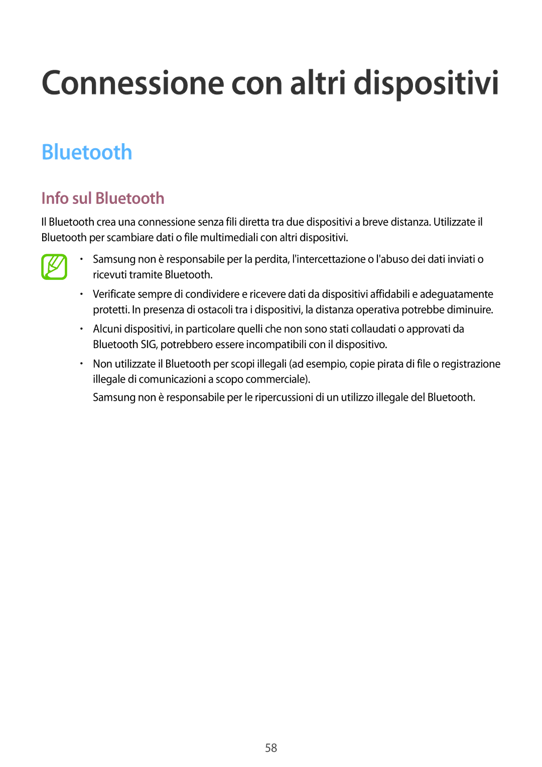 Samsung SM-T113NDWAITV, SM-T113NDWATUR, SM-T113NYKATUR, SM-T113NDWAXEO manual Info sul Bluetooth 