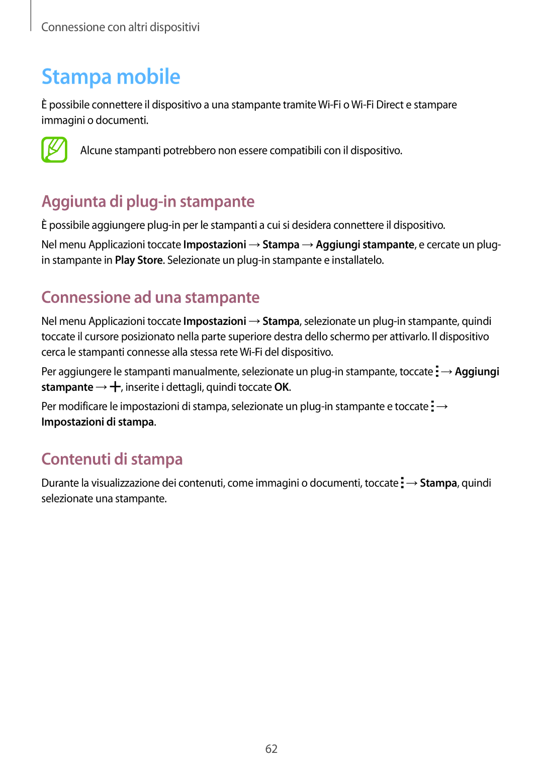 Samsung SM-T113NDWAITV Stampa mobile, Aggiunta di plug-in stampante, Connessione ad una stampante, Contenuti di stampa 