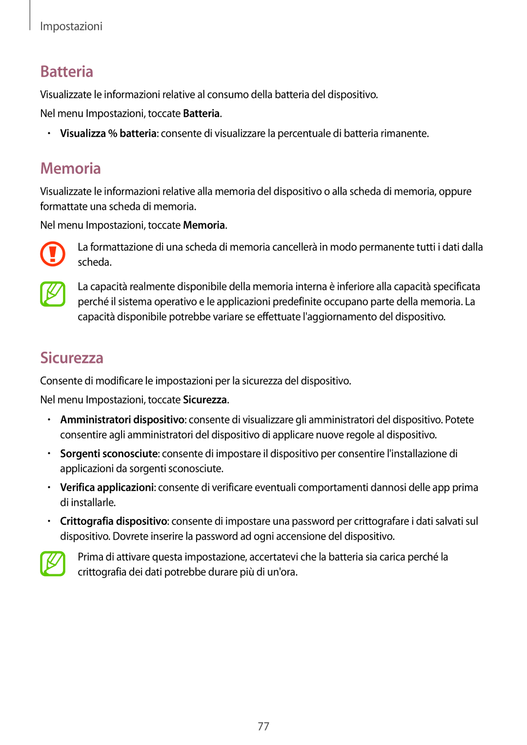 Samsung SM-T113NYKATUR, SM-T113NDWATUR, SM-T113NDWAITV, SM-T113NDWAXEO manual Batteria, Memoria, Sicurezza 