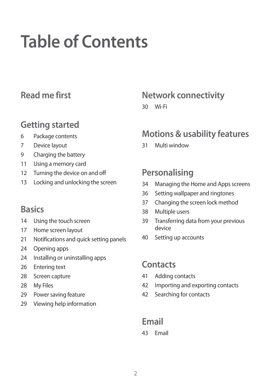 Samsung SM-T113NDWADBT, SM-T113NDWATUR, SM-T113NYKAXEO, SM-T113NYKATUR, SM-T113NYKADBT, SM-T113NYKAATO manual Table of Contents 