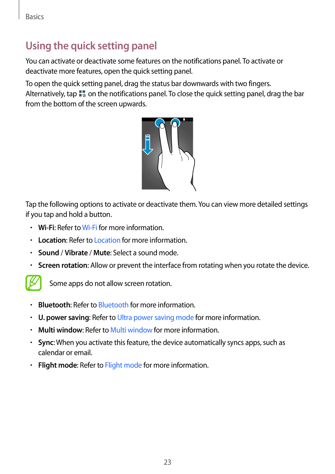 Samsung SM-T113NYKAXSK, SM-T113NDWATUR, SM-T113NYKAXEO, SM-T113NDWADBT, SM-T113NYKATUR manual Using the quick setting panel 