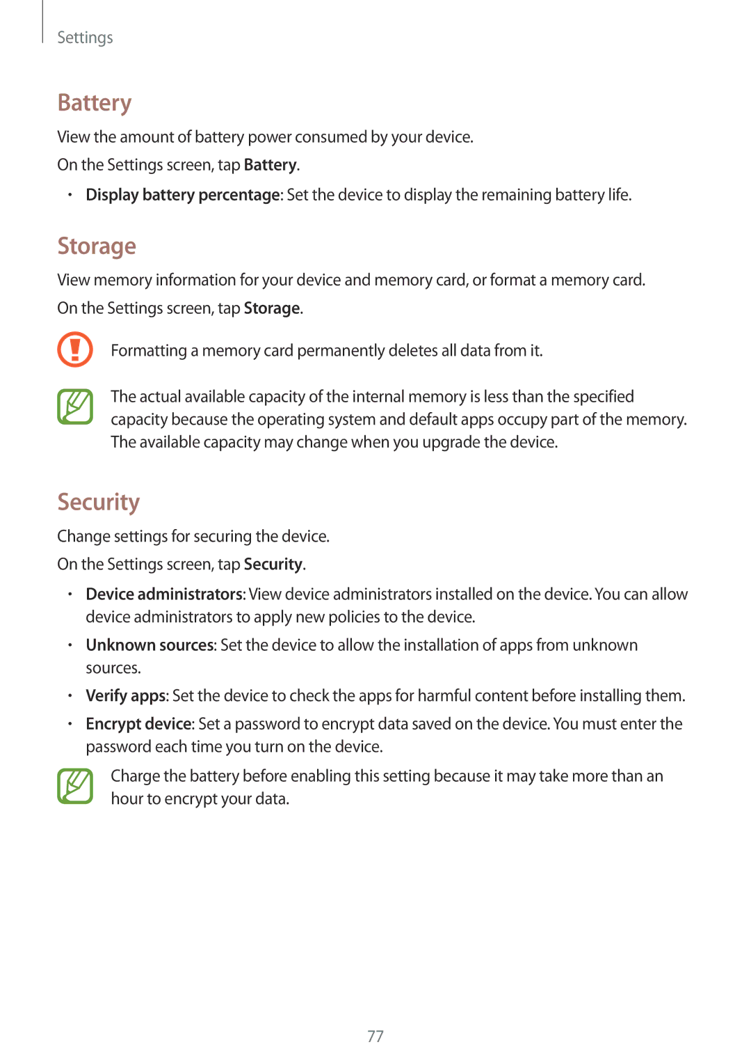 Samsung SM-T113NYKASER, SM-T113NDWATUR, SM-T113NYKAXEO, SM-T113NDWADBT, SM-T113NYKATUR manual Battery, Storage, Security 