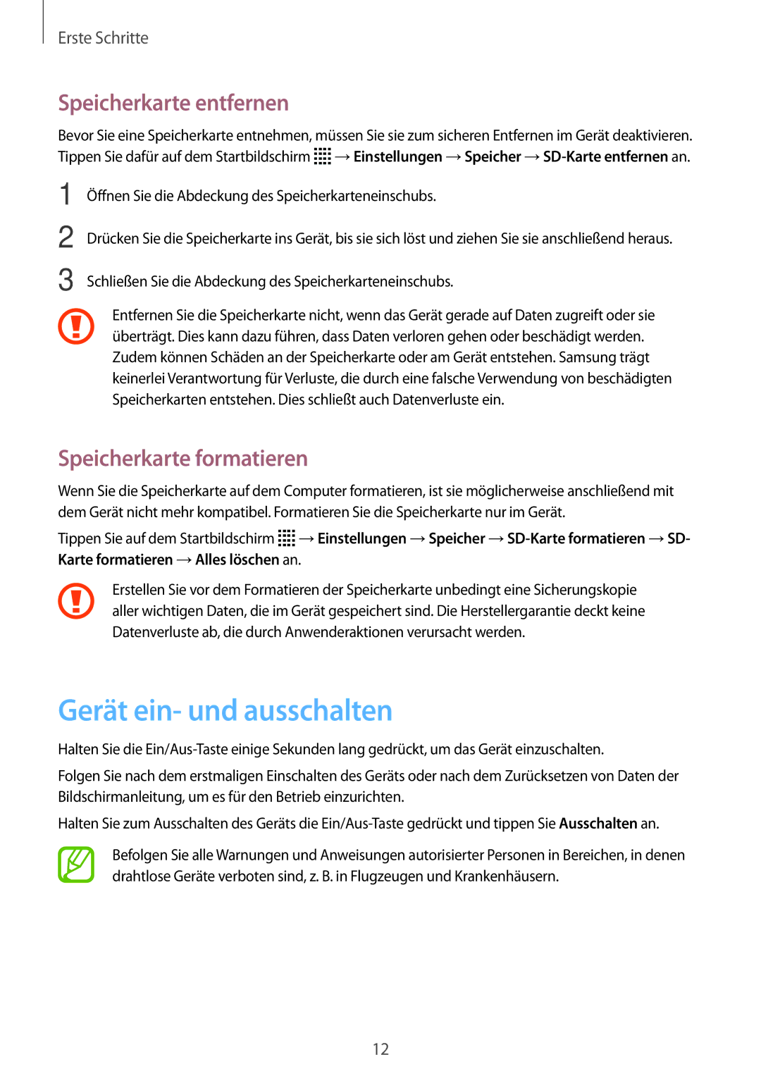 Samsung SM-T113NYKAXEO, SM-T113NDWATUR manual Gerät ein- und ausschalten, Speicherkarte entfernen, Speicherkarte formatieren 