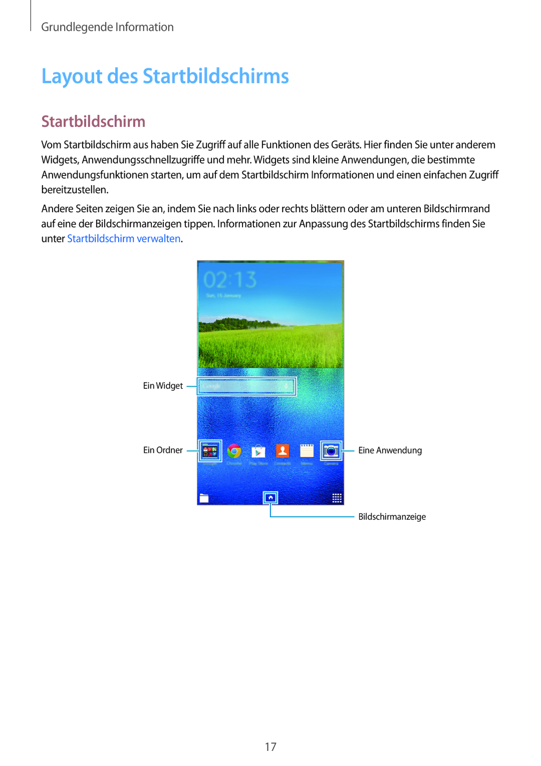 Samsung SM-T113NDWATPH, SM-T113NDWATUR, SM-T113NYKAXEO, SM-T113NDWADBT, SM-T113NYKATUR manual Layout des Startbildschirms 
