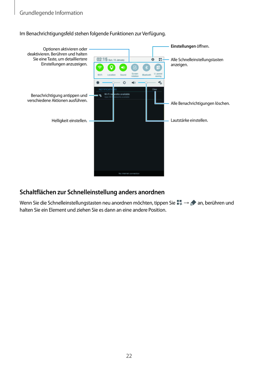 Samsung SM-T113NDWATUR, SM-T113NYKAXEO manual Schaltflächen zur Schnelleinstellung anders anordnen, Einstellungen öffnen 