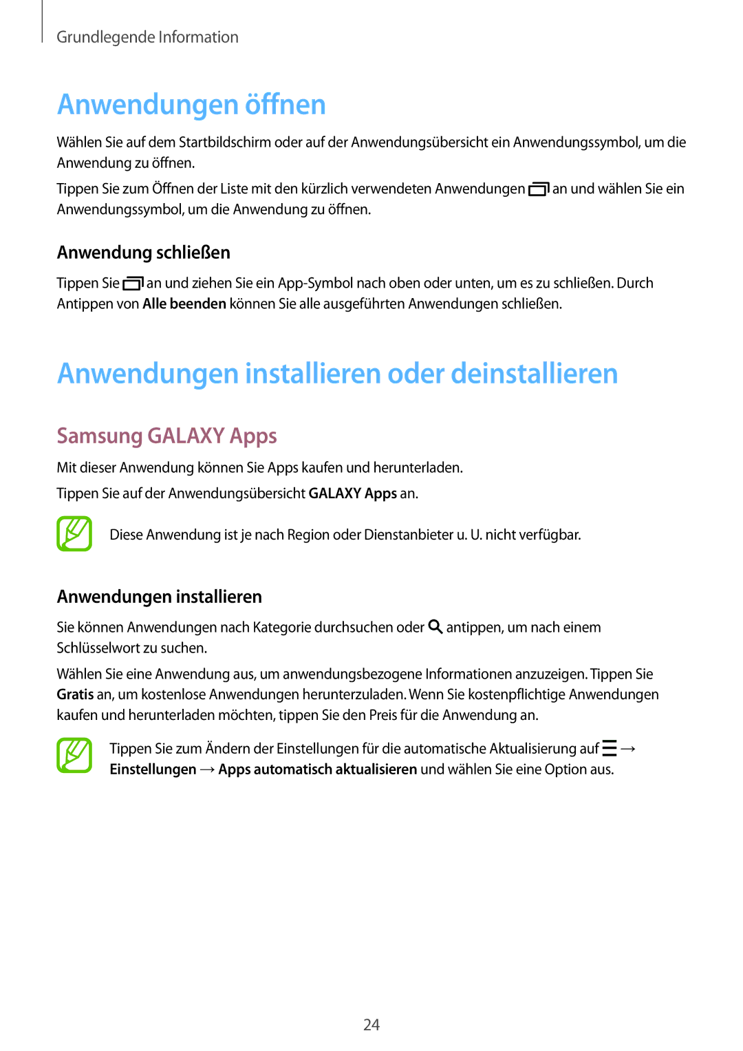 Samsung SM-T113NDWADBT manual Anwendungen öffnen, Anwendungen installieren oder deinstallieren, Samsung Galaxy Apps 