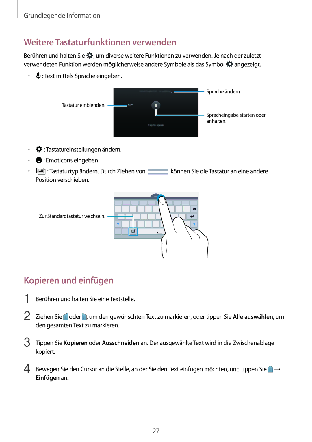 Samsung SM-T113NYKAATO, SM-T113NDWATUR, SM-T113NYKAXEO manual Weitere Tastaturfunktionen verwenden, Kopieren und einfügen 