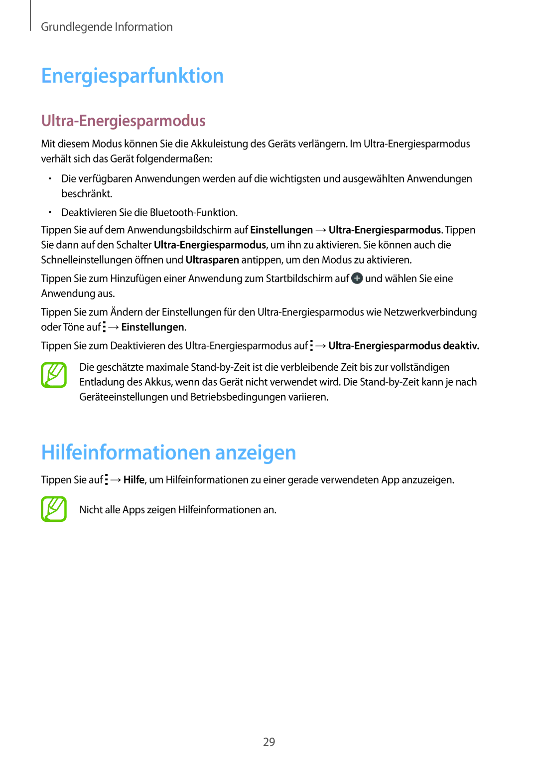 Samsung SM-T113NDWAATO, SM-T113NDWATUR manual Energiesparfunktion, Hilfeinformationen anzeigen, Ultra-Energiesparmodus 