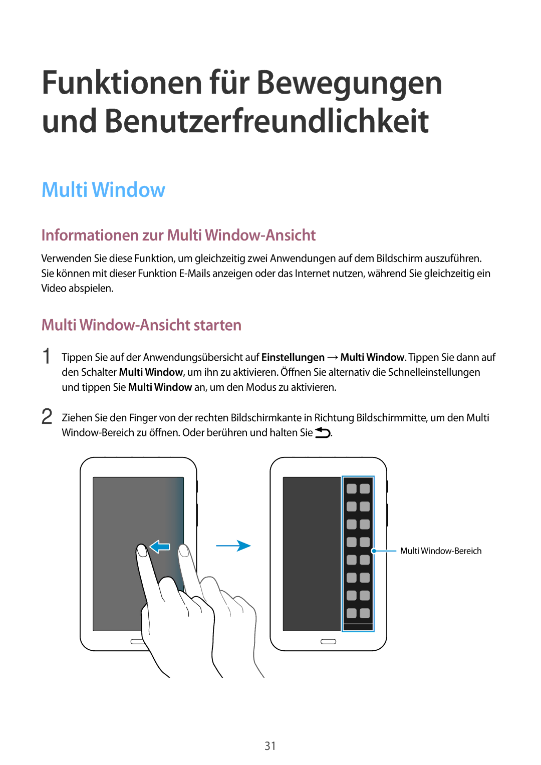 Samsung SM-T113NYKAXEF, SM-T113NDWATUR manual Informationen zur Multi Window-Ansicht, Multi Window-Ansicht starten 